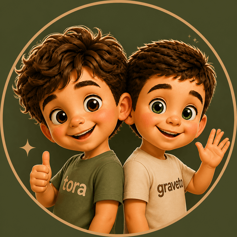 Avatar de Tora e Graveto: Tora, de cabelo volumoso e camiseta verde-oliva, faz sinal de positivo; Graveto, de camiseta creme, acena.